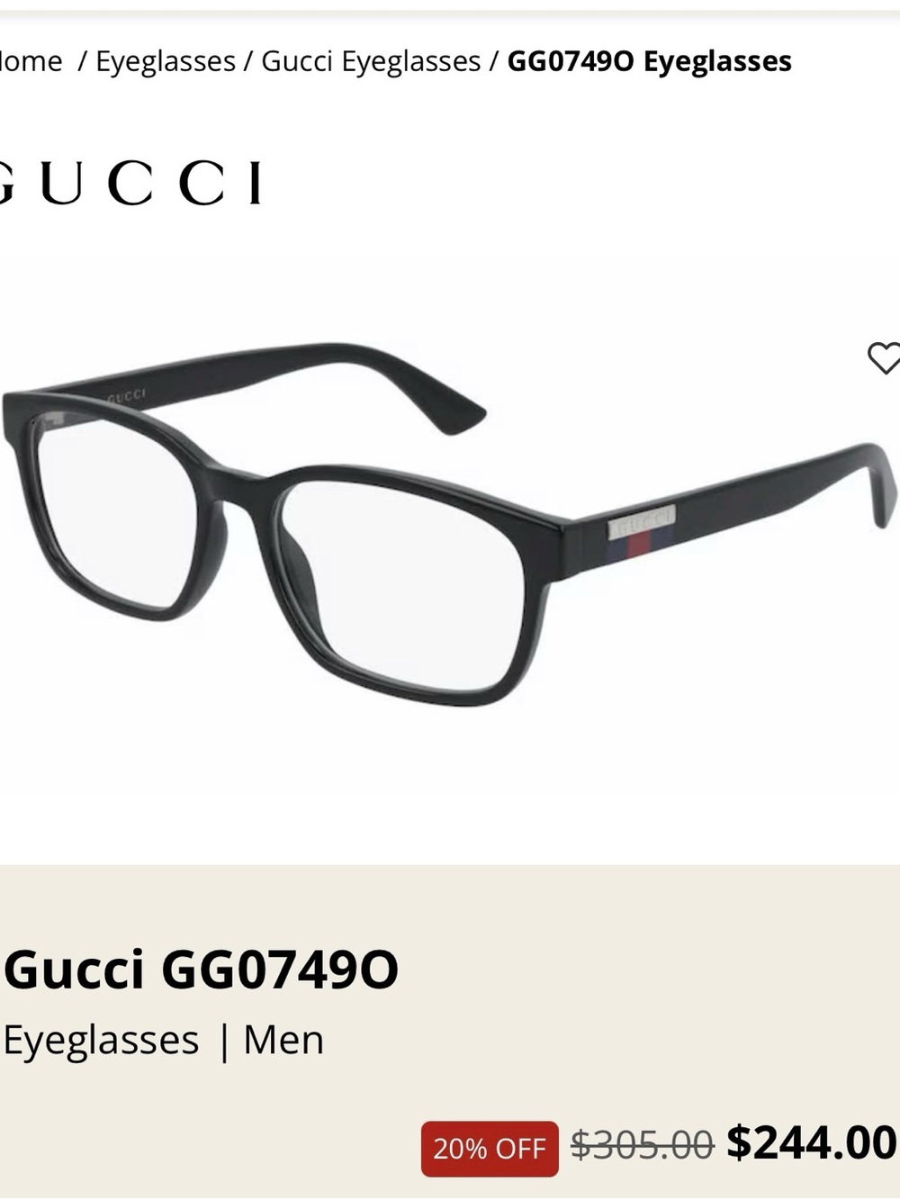 Gucci Black Eyeglass Temple with Gold Logo Detail